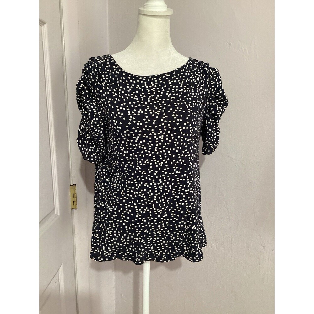 Little Yellow Button Navy Blue Polka Dot Puff Sleeve Pullover Blouse L